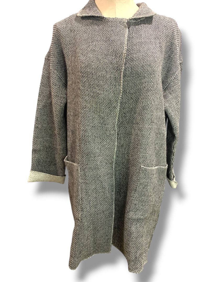 Medium Ellen Fisher Woven Long Cardigan Jacket Snap Up Wool Cotton
