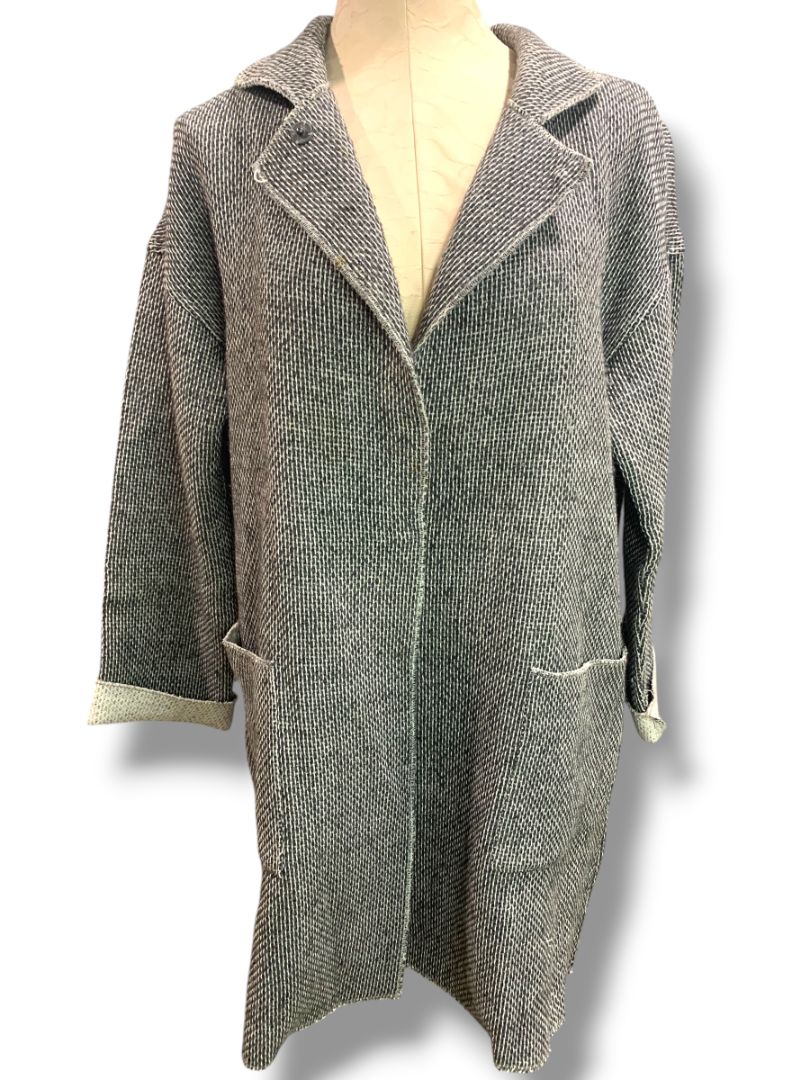 Medium Ellen Fisher Woven Long Cardigan Jacket Snap Up Wool Cotton