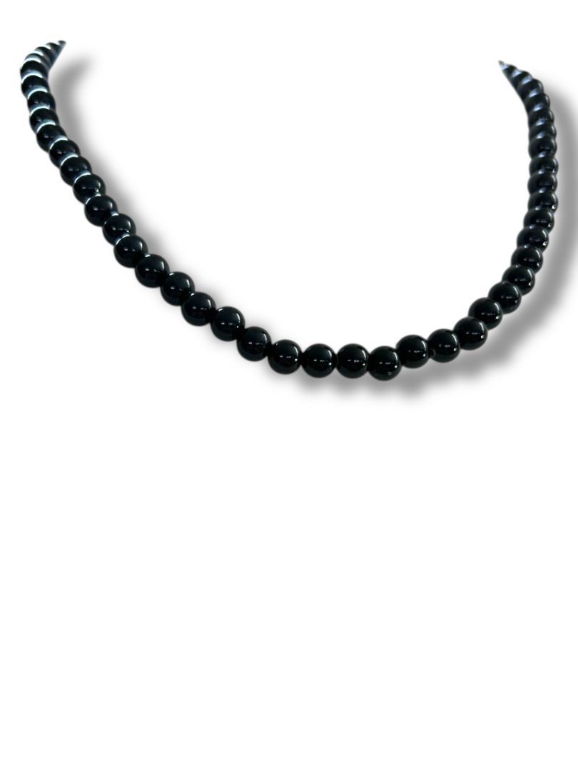 Vintage Black 8mm Beaded Necklace 18.5" Spring Clasp
