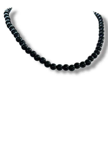 Vintage Black 8mm Beaded Necklace 18.5" Spring Clasp