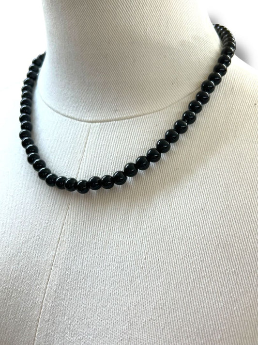 Vintage Black 8mm Beaded Necklace 18.5" Spring Clasp