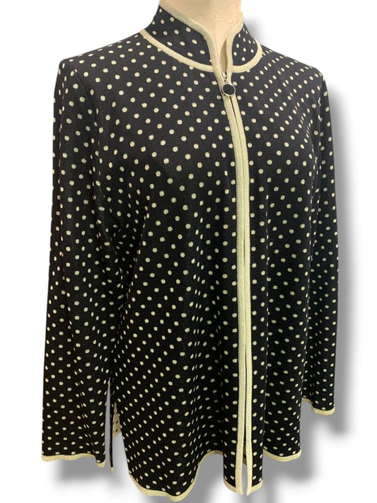 Large Exclusively Misook Black Gold Full Zip Sweater Polka Dot