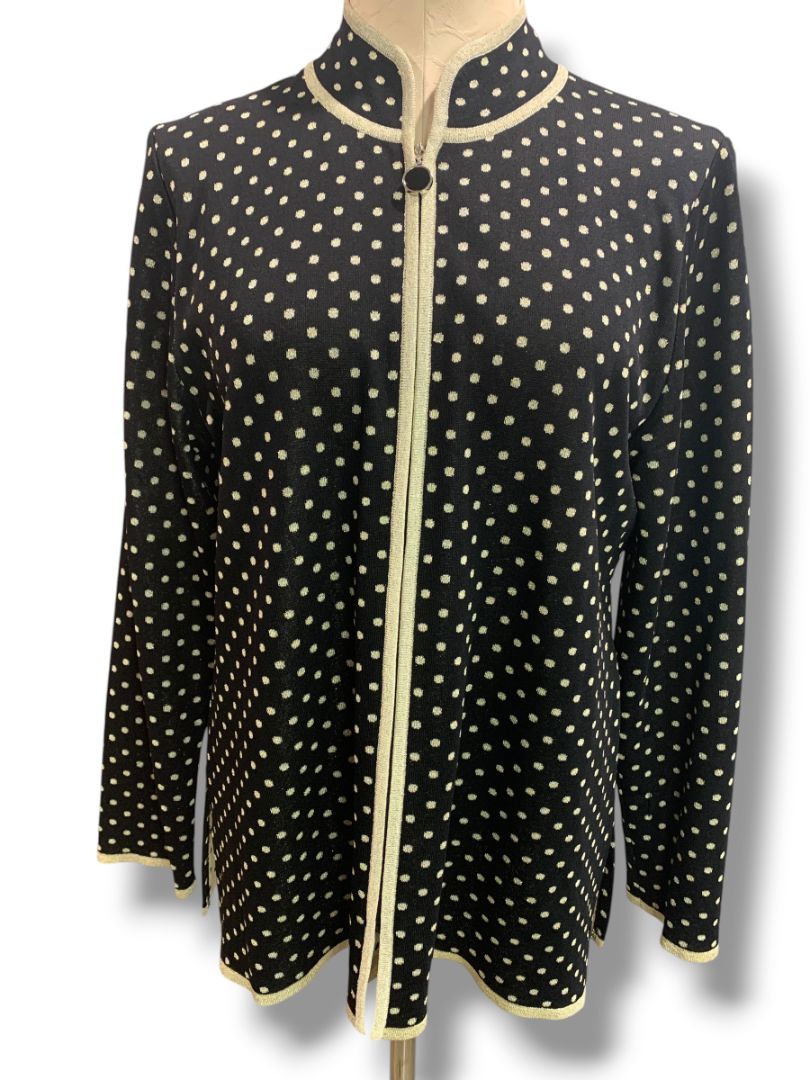 Large Exclusively Misook Black Gold Full Zip Sweater Polka Dot