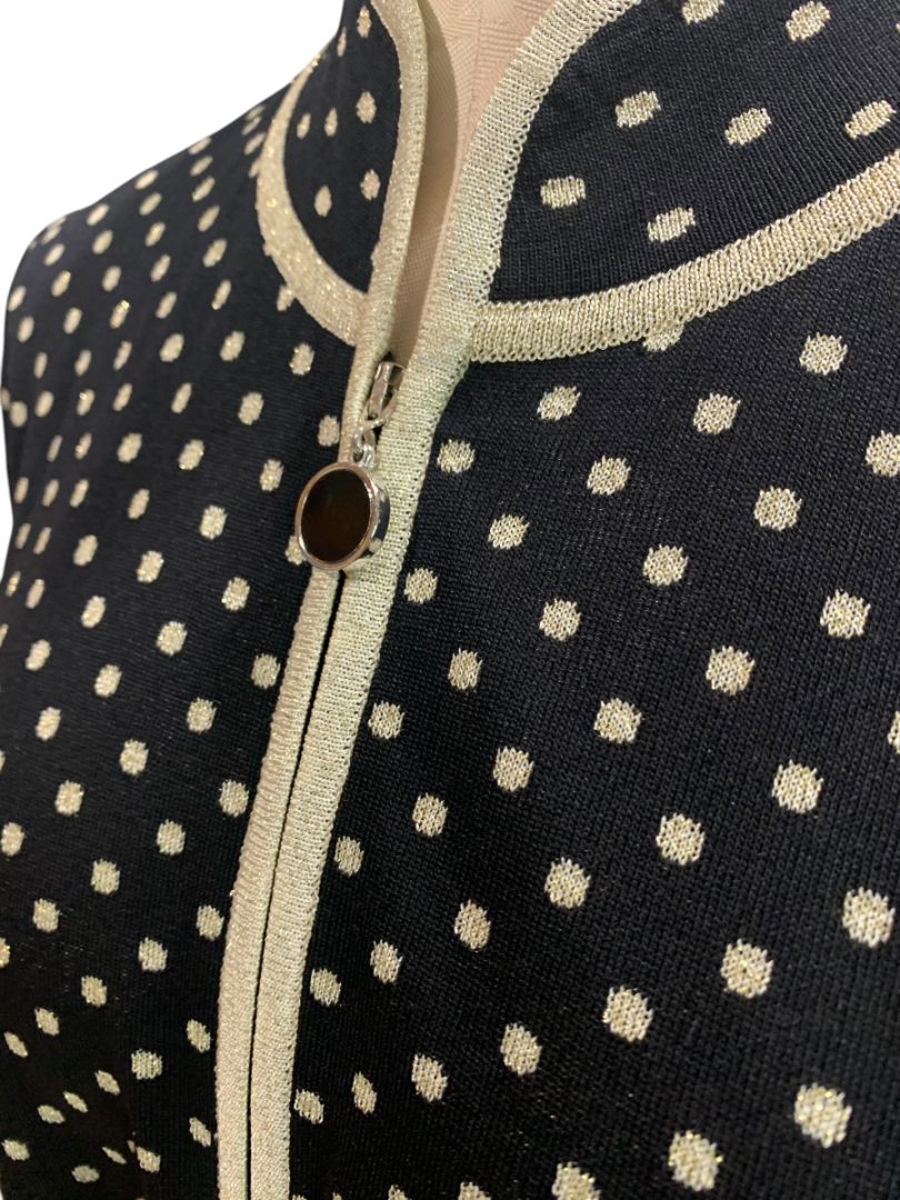Large Exclusively Misook Black Gold Full Zip Sweater Polka Dot