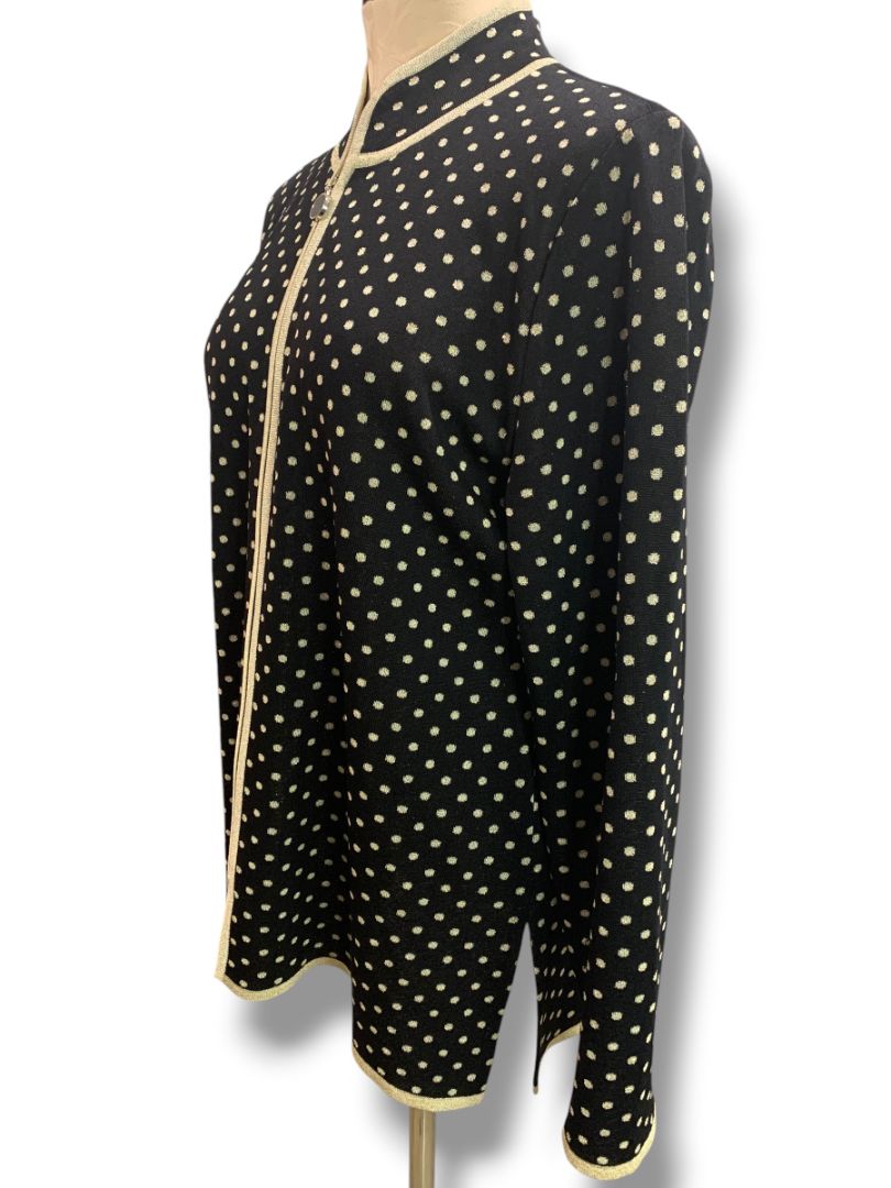 Large Exclusively Misook Black Gold Full Zip Sweater Polka Dot
