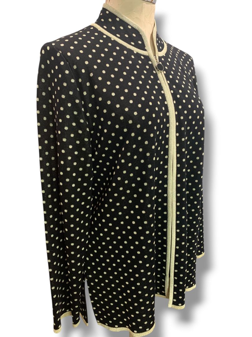 Large Exclusively Misook Black Gold Full Zip Sweater Polka Dot