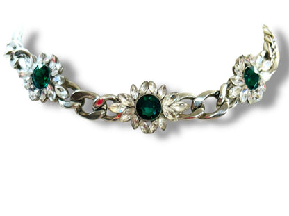 Chunky Silvertone Green Choker Necklace Flowers 12-15.5"