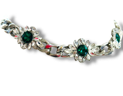 Chunky Silvertone Green Choker Necklace Flowers 12-15.5"