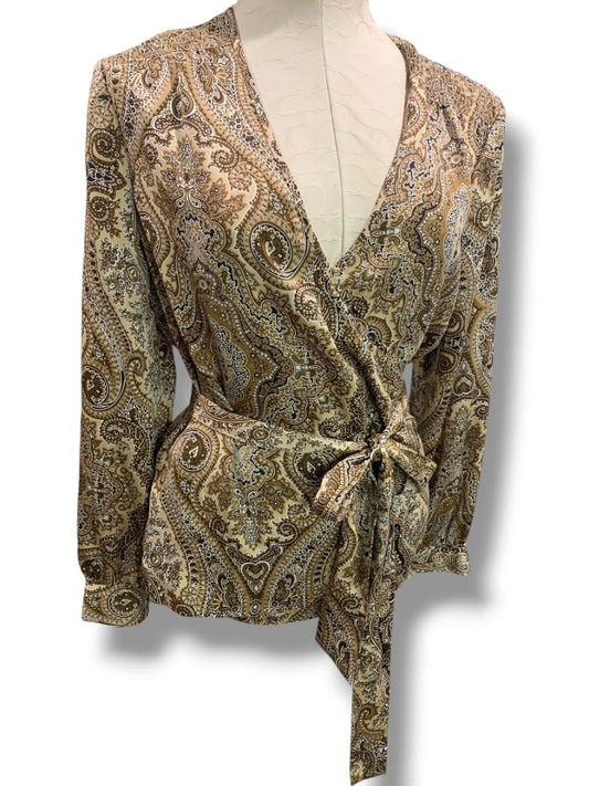 Size 14P Talbots Petites Womens Silk Brown Paisley Wrap Blouse Shirt New