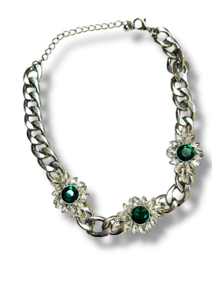 Chunky Silvertone Green Choker Necklace Flowers 12-15.5"