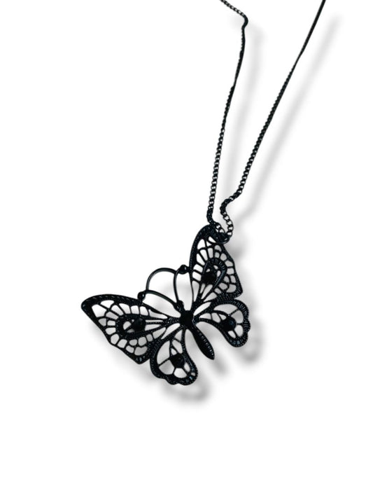 Black Butterfly Lasercut Pendant Necklace 30-33"