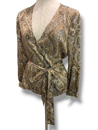 Size 14P Talbots Petites Womens Silk Brown Paisley Wrap Blouse Shirt New