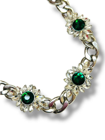 Chunky Silvertone Green Choker Necklace Flowers 12-15.5"