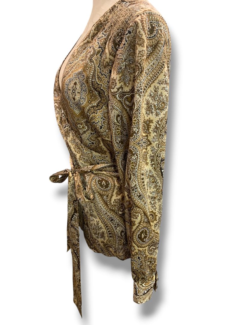 Size 14P Talbots Petites Womens Silk Brown Paisley Wrap Blouse Shirt New