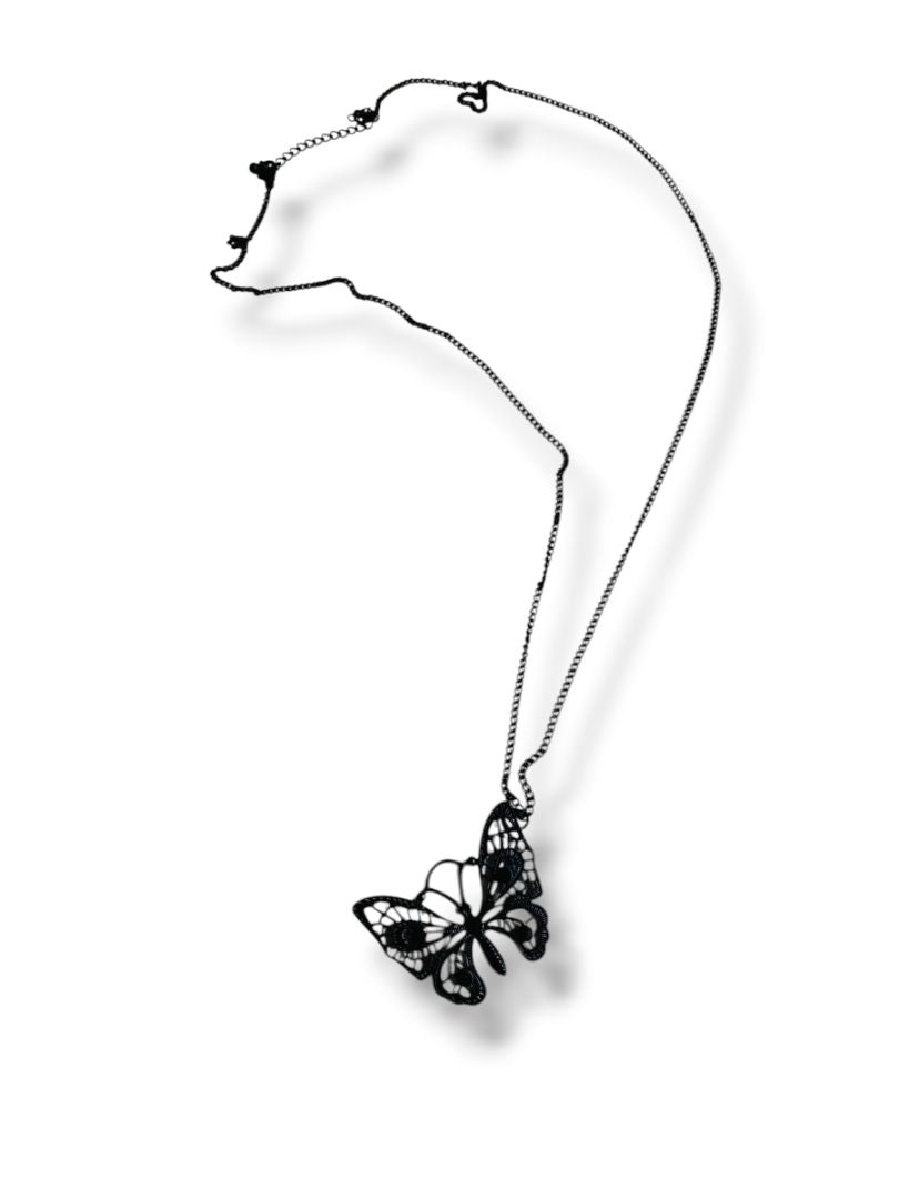 Black Butterfly Lasercut Pendant Necklace 30-33"