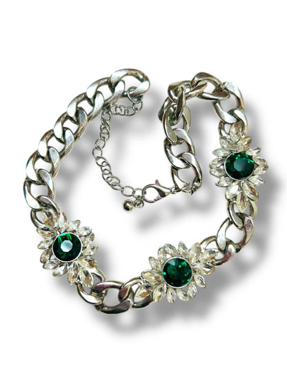 Chunky Silvertone Green Choker Necklace Flowers 12-15.5"