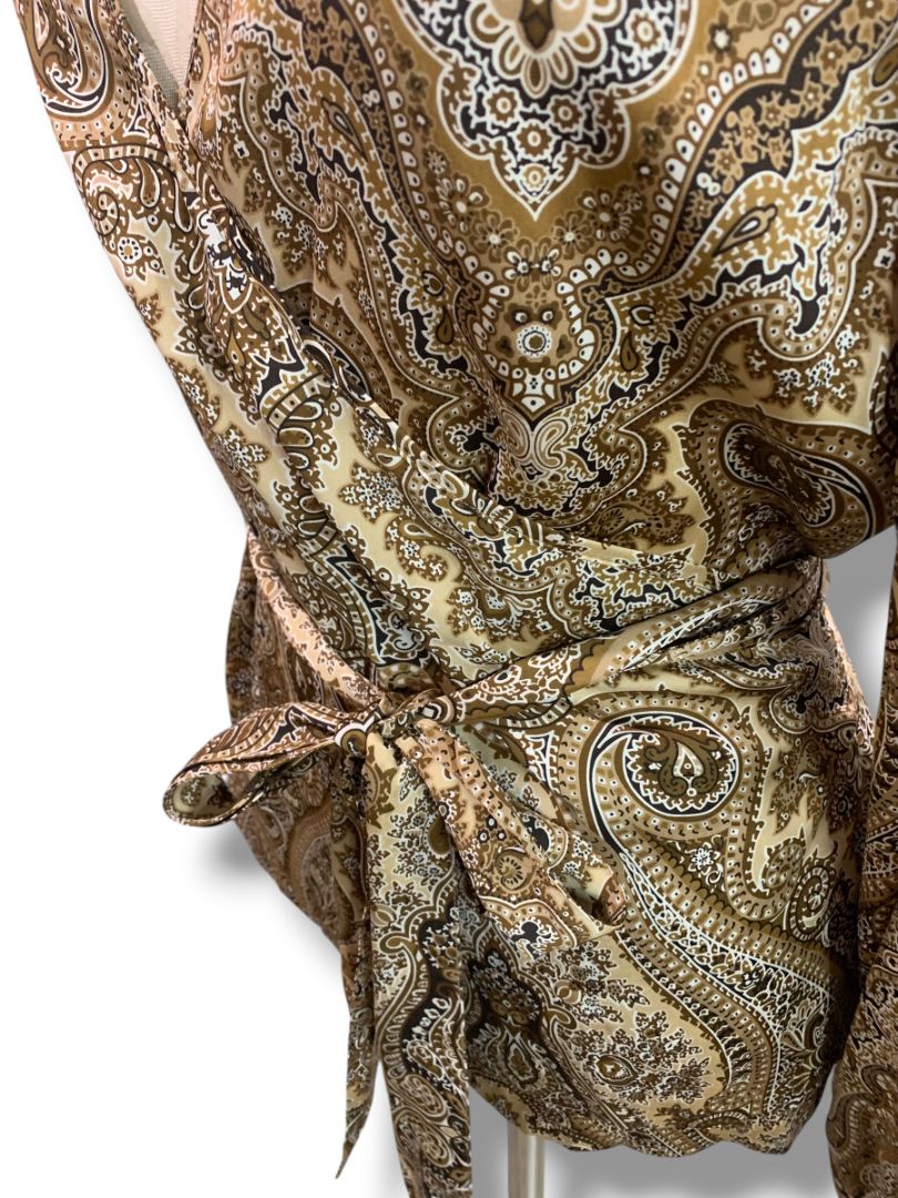 Size 14P Talbots Petites Womens Silk Brown Paisley Wrap Blouse Shirt New