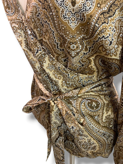 Size 14P Talbots Petites Womens Silk Brown Paisley Wrap Blouse Shirt New