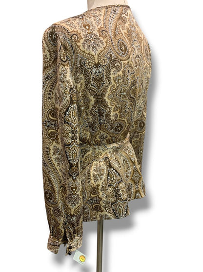 Size 14P Talbots Petites Womens Silk Brown Paisley Wrap Blouse Shirt New