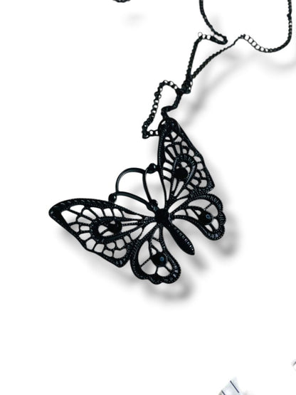 Black Butterfly Lasercut Pendant Necklace 30-33"