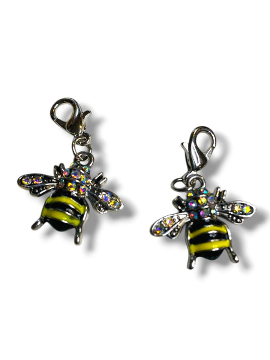Pair of Bumblebee Bee Charms Silvertone Black Yellow Lobster Clasp Clip 1.2"