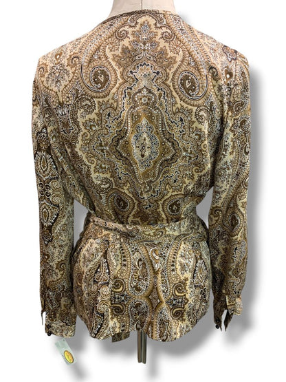 Size 14P Talbots Petites Womens Silk Brown Paisley Wrap Blouse Shirt New