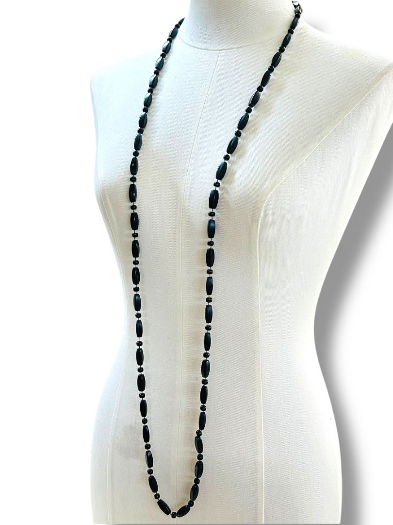 Black Lightweight Acrylic Bead Necklace 52" Overhead Strand String Clasp