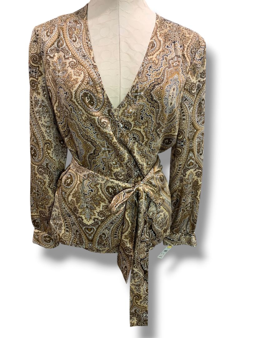 Size 14P Talbots Petites Womens Silk Brown Paisley Wrap Blouse Shirt New