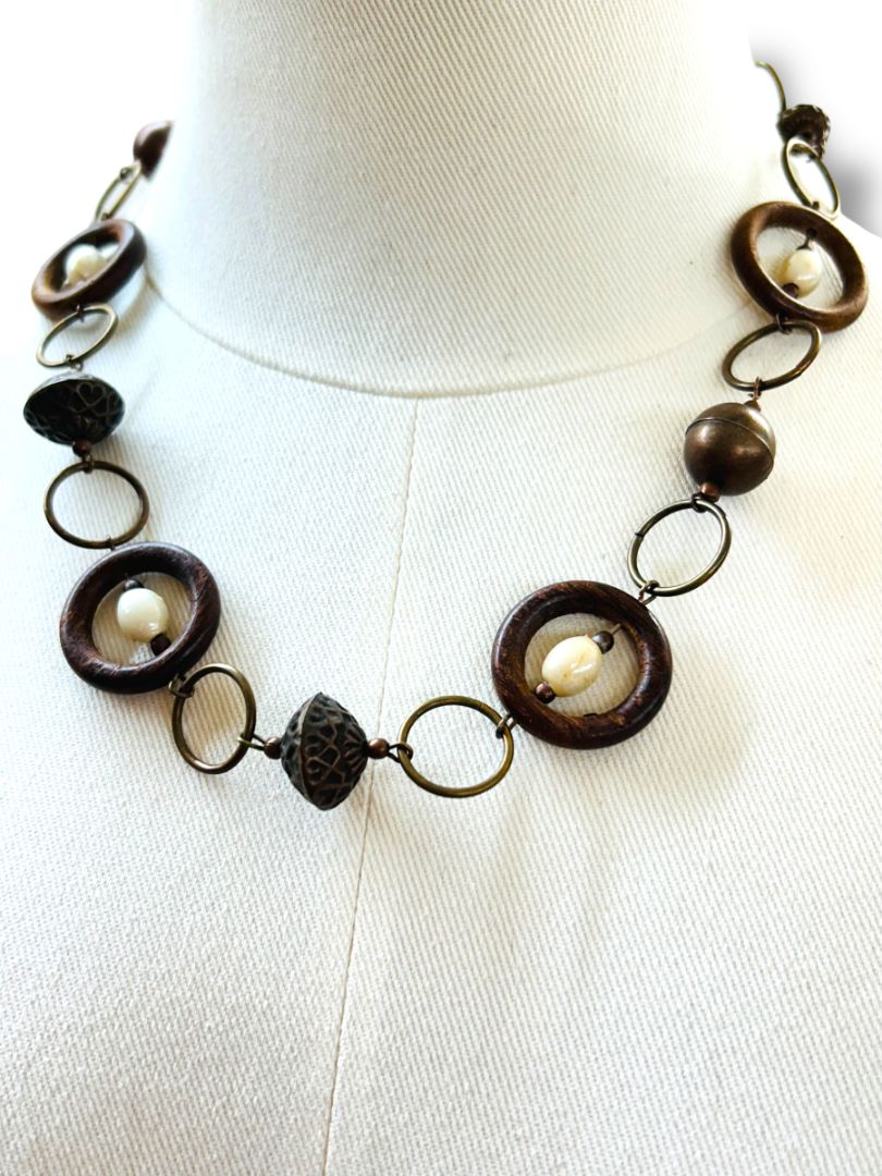 Wooden Copper Bead Statement Necklace 20" Hook Closure Lightweight