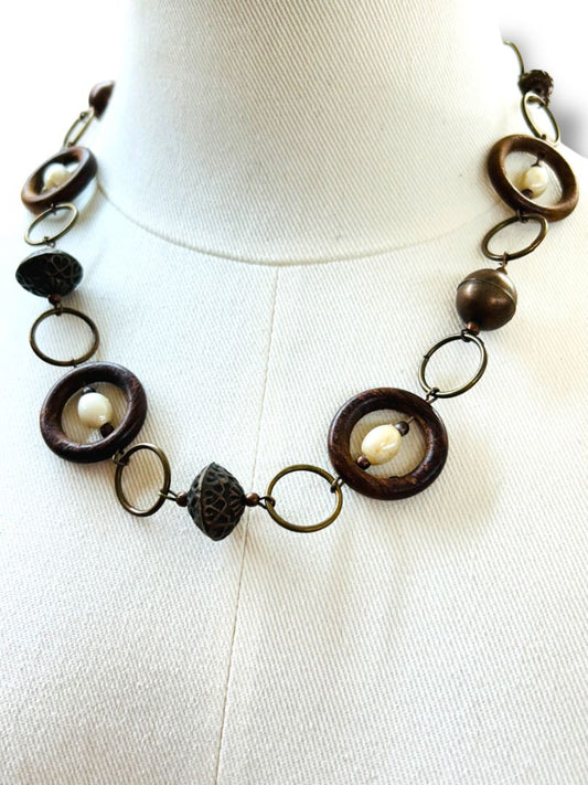 Wooden Copper Bead Statement Necklace 20" Hook Closure Lightweight