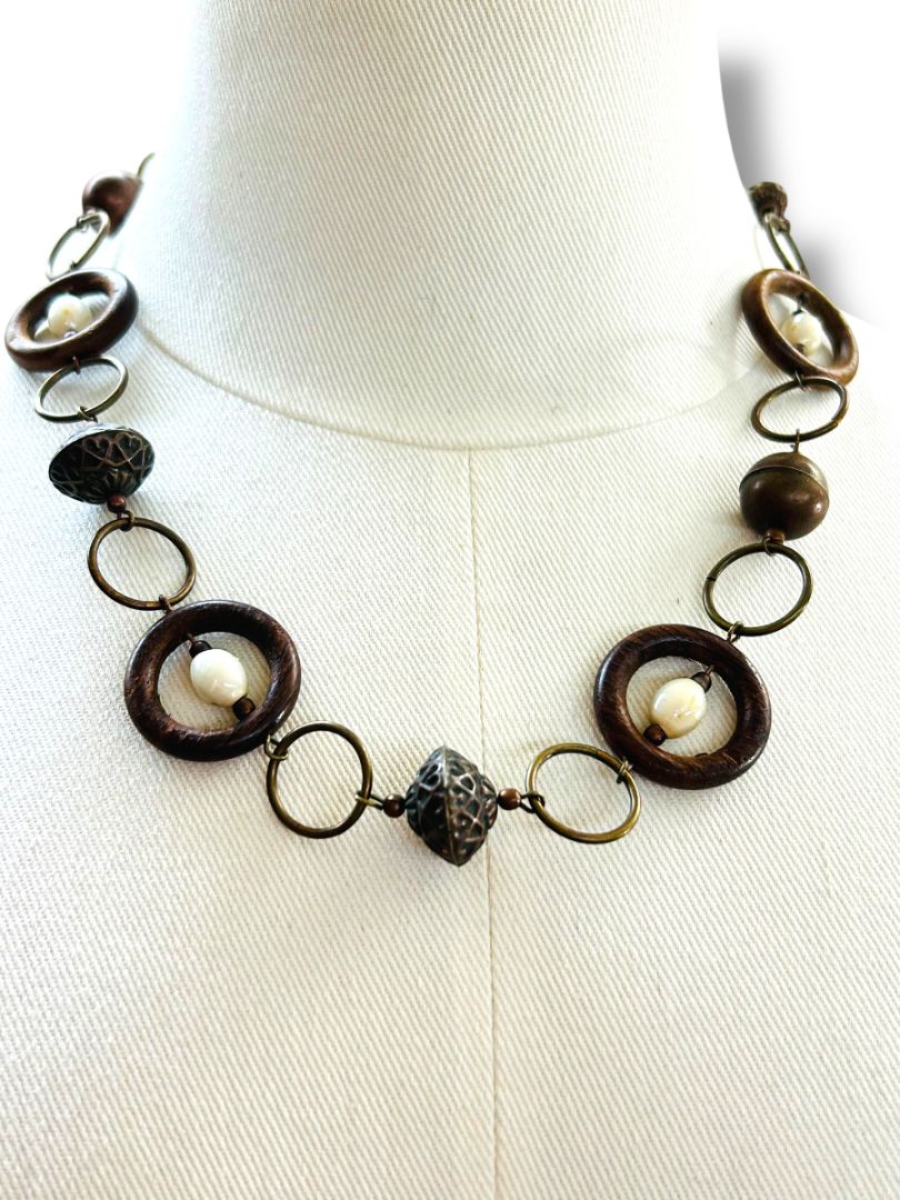 Wooden Copper Bead Statement Necklace 20" Hook Closure Lightweight