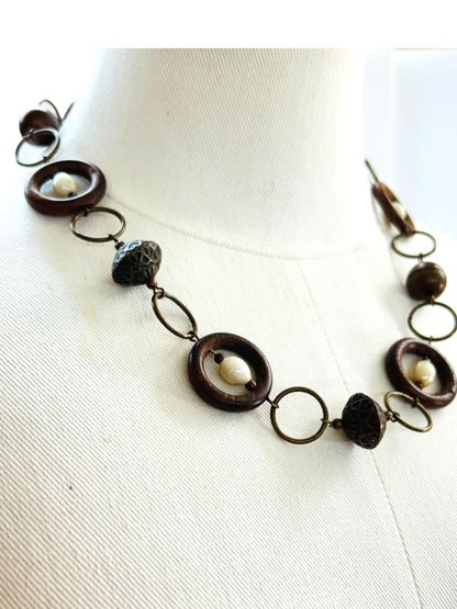 Wooden Copper Bead Statement Necklace 20" Hook Closure Lightweight