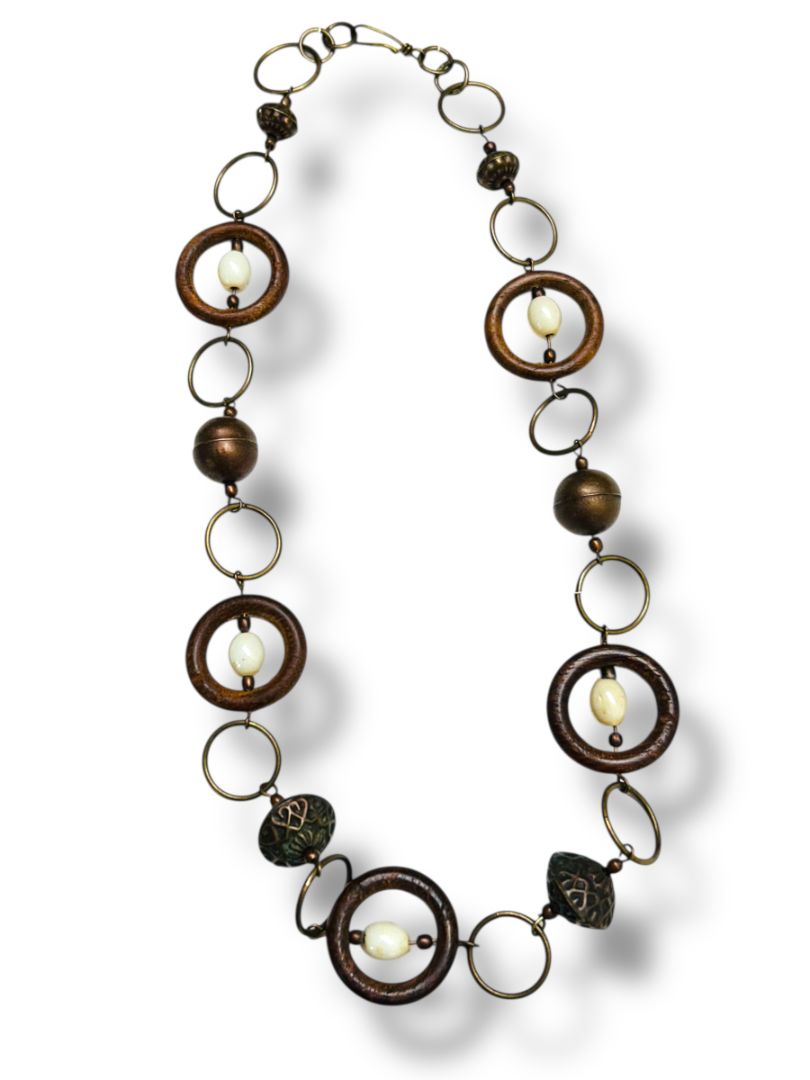 Wooden Copper Bead Statement Necklace 20" Hook Closure Lightweight