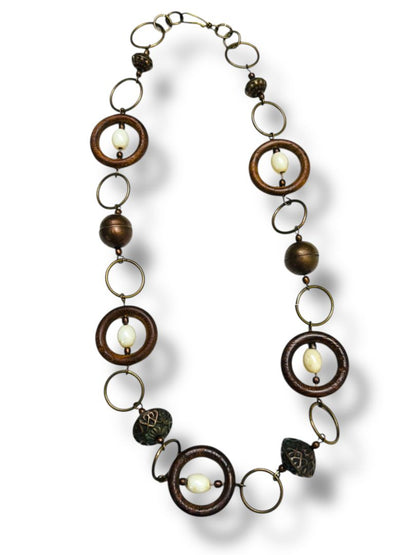 Wooden Copper Bead Statement Necklace 20" Hook Closure Lightweight
