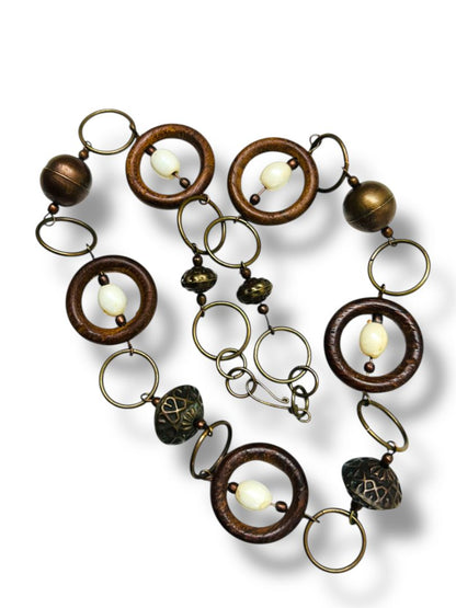Wooden Copper Bead Statement Necklace 20" Hook Closure Lightweight
