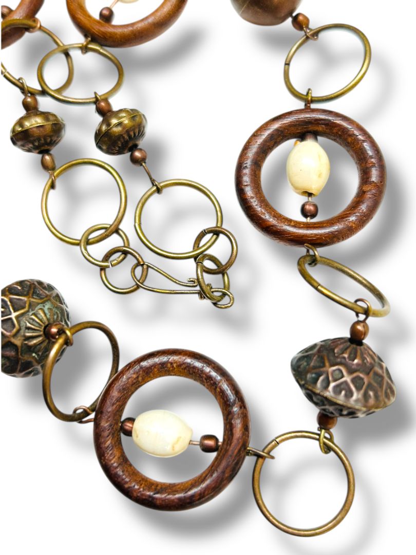 Wooden Copper Bead Statement Necklace 20" Hook Closure Lightweight