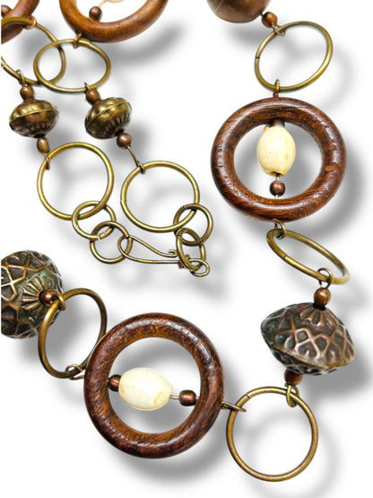 Wooden Copper Bead Statement Necklace 20" Hook Closure Lightweight