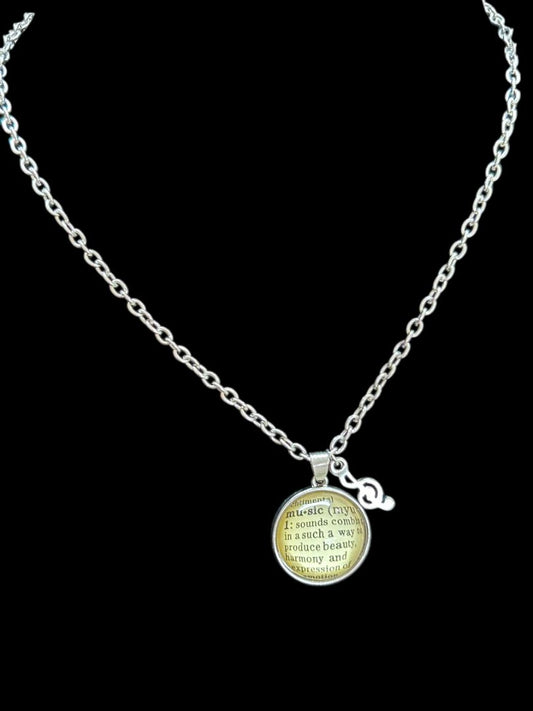 Silvertone Chain Resin Music Pendant Necklace 15-17"