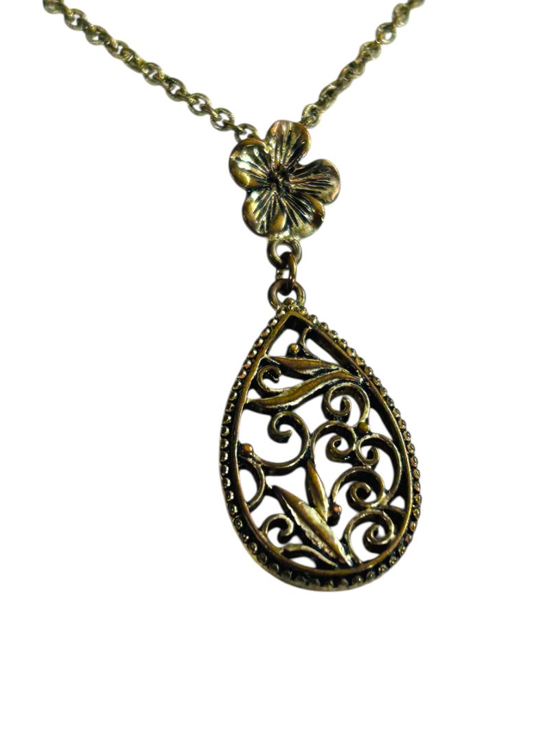 1928 Brand Antiqued Goldtone Pendant Necklace Filigree 16-19"