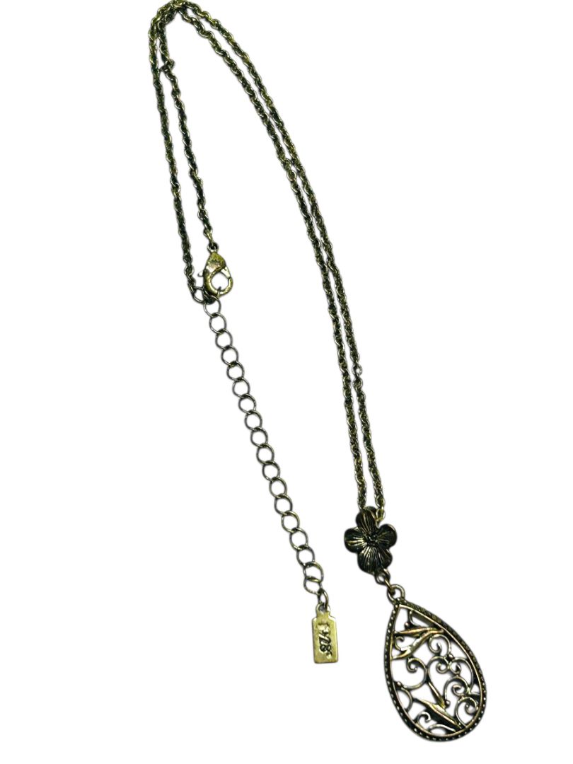 1928 Brand Antiqued Goldtone Pendant Necklace Filigree 16-19"
