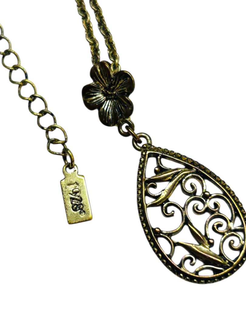 1928 Brand Antiqued Goldtone Pendant Necklace Filigree 16-19"