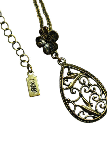 1928 Brand Antiqued Goldtone Pendant Necklace Filigree 16-19"