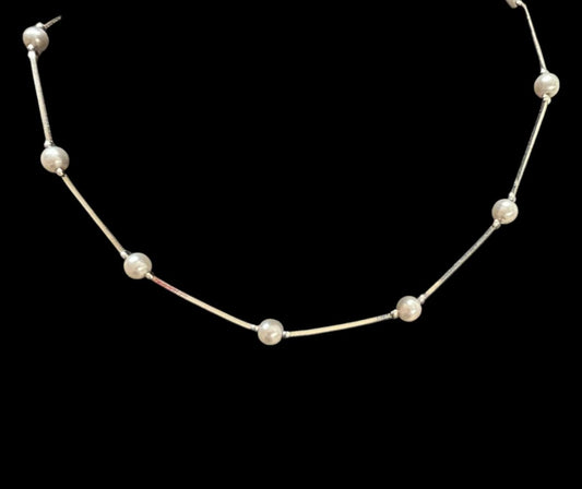 Silvertone Faux Light Gray Pearl Beaded  Chain Necklace 16-19" Lobster Clasp