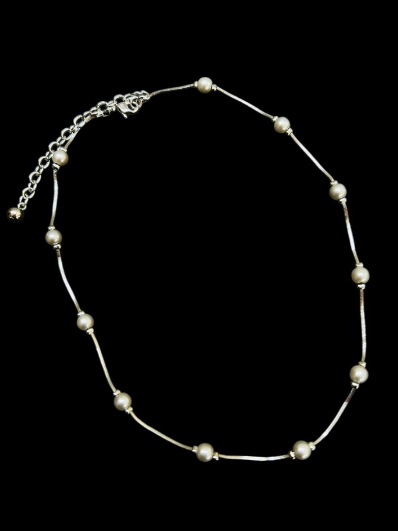 Silvertone Faux Light Gray Pearl Beaded  Chain Necklace 16-19" Lobster Clasp