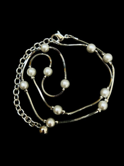 Silvertone Faux Light Gray Pearl Beaded  Chain Necklace 16-19" Lobster Clasp