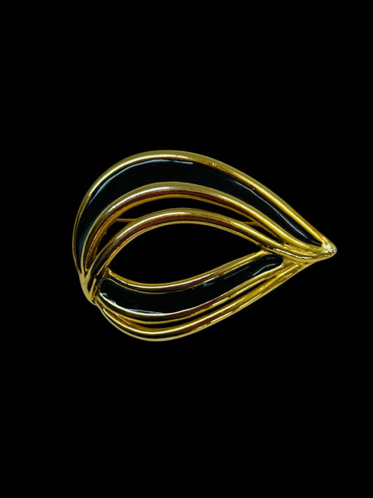 Vintage Brooch Pin Goldtone Black Enameled 1980s Retro Swirl Teardrop