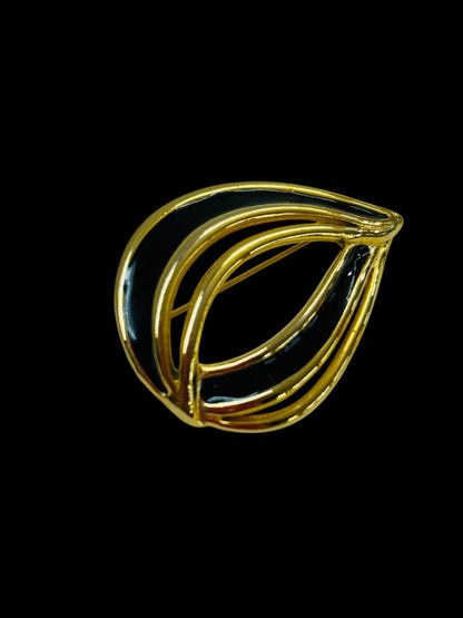 Vintage Brooch Pin Goldtone Black Enameled 1980s Retro Swirl Teardrop