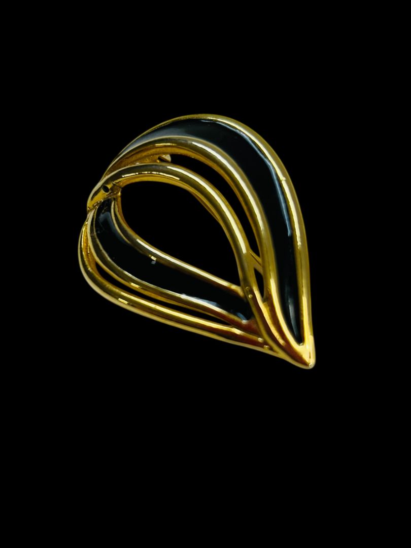 Vintage Brooch Pin Goldtone Black Enameled 1980s Retro Swirl Teardrop