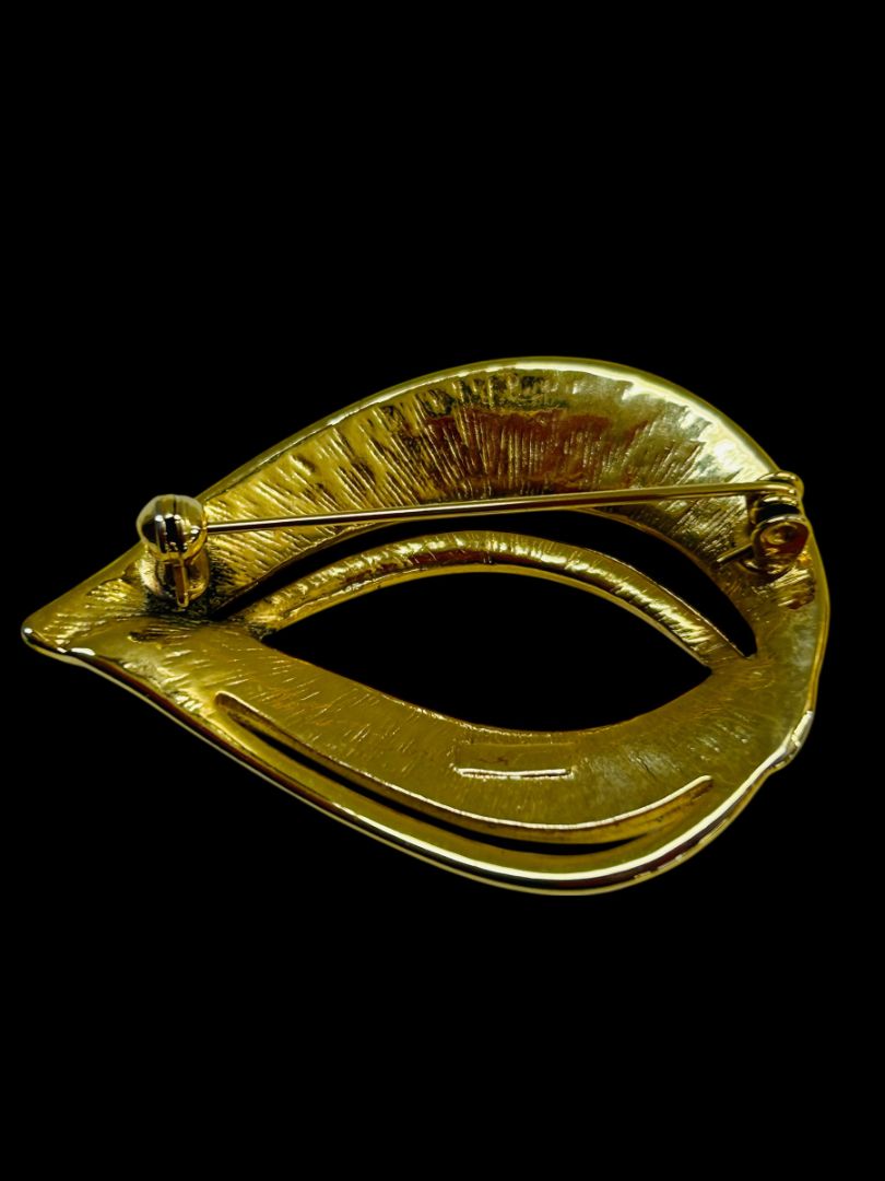 Vintage Brooch Pin Goldtone Black Enameled 1980s Retro Swirl Teardrop