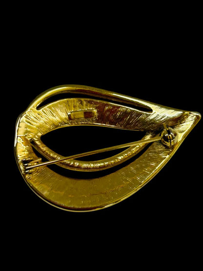 Vintage Brooch Pin Goldtone Black Enameled 1980s Retro Swirl Teardrop